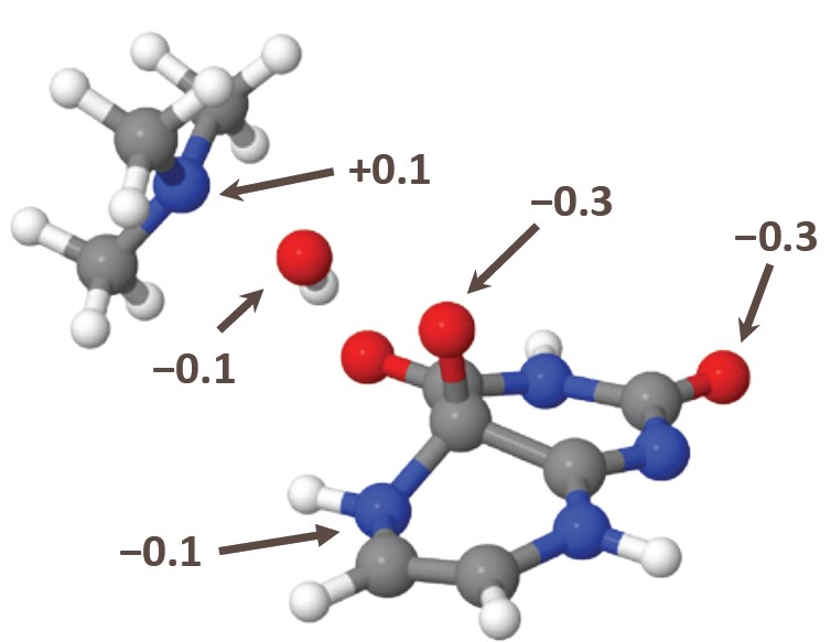 Figure 4. Transition state geometry for trimethylamine oxidation with illustrative Hirshfeld charges.