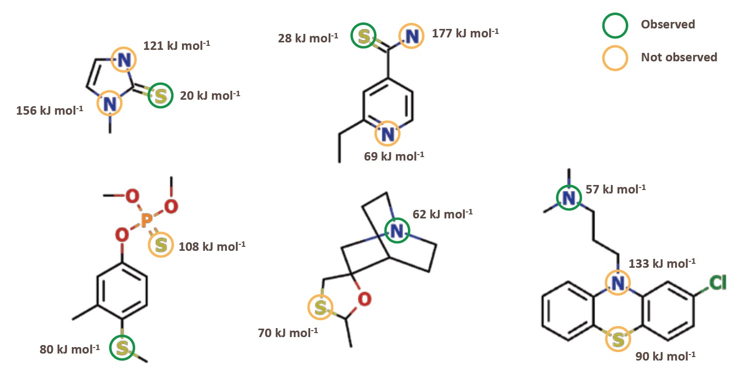Figure 6. Five substrates of FMO, the potential sites of metabolism and activation energy values.