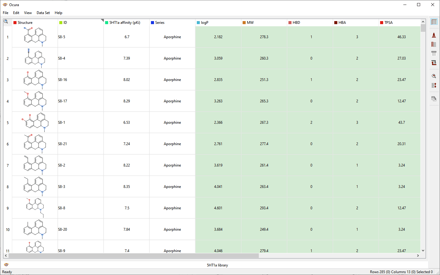 Ocura Ocura table view scroll compound data in an informative way highly visual system for chemical structures