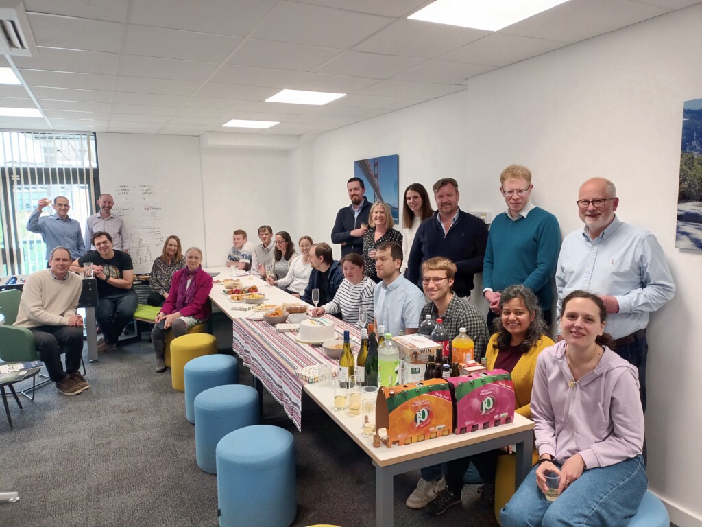 The team celebrating the 15th anniversary of Optibrium in the Cambridge office