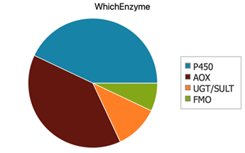 Pie chart showing WhichEnzyme predictive model results. Both AOX and P450 are likely to metabolise the compound according to the pie chart.