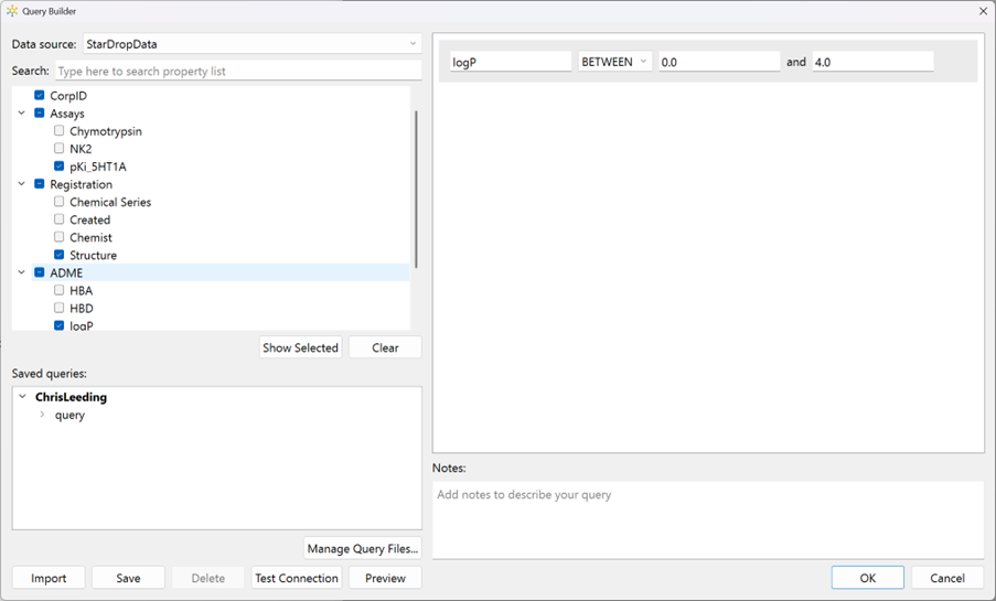 Screenshot showing retrieval of chemical, structure, corporate id and some assay data for all compounds with logP in a particular range
