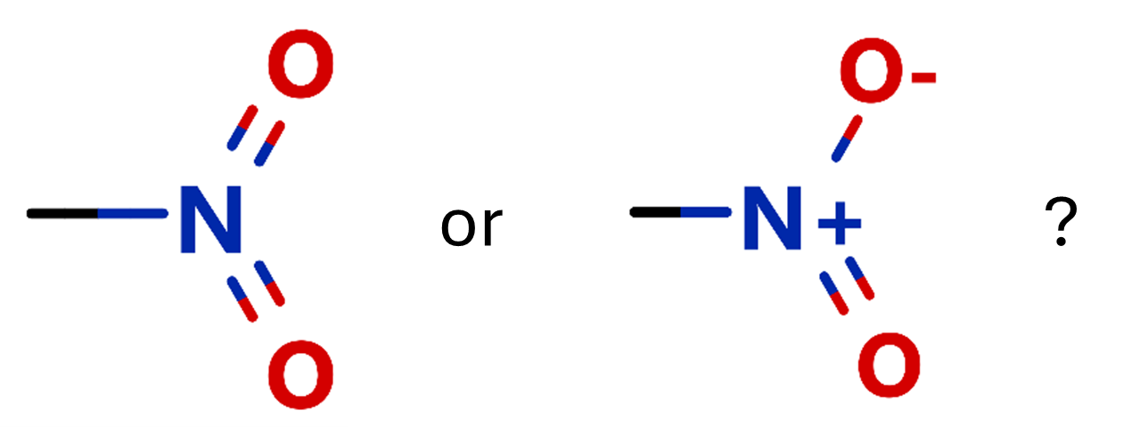 In cheminformatics, you'll need to consider how your data represents chemical structures. Here, two depictions for a nitro group are shown, one displaying charges and one not.