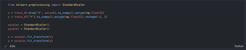 Python code using SciKit Learn's scalers to scale input data for a neural network.
